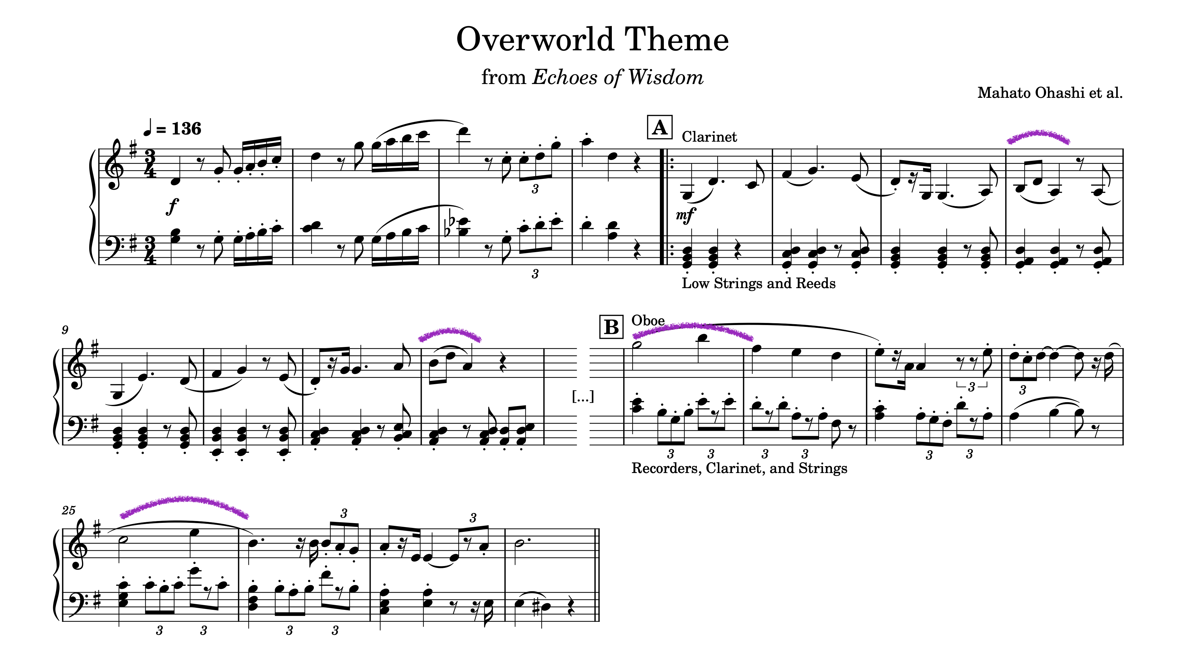 Example 4. Measures 1–12 and 21–28 of the Overworld/Heroism Theme in Echoes of Wisdom. Instances of the “Zelda’s Lullaby” motive appear under purple arcs.