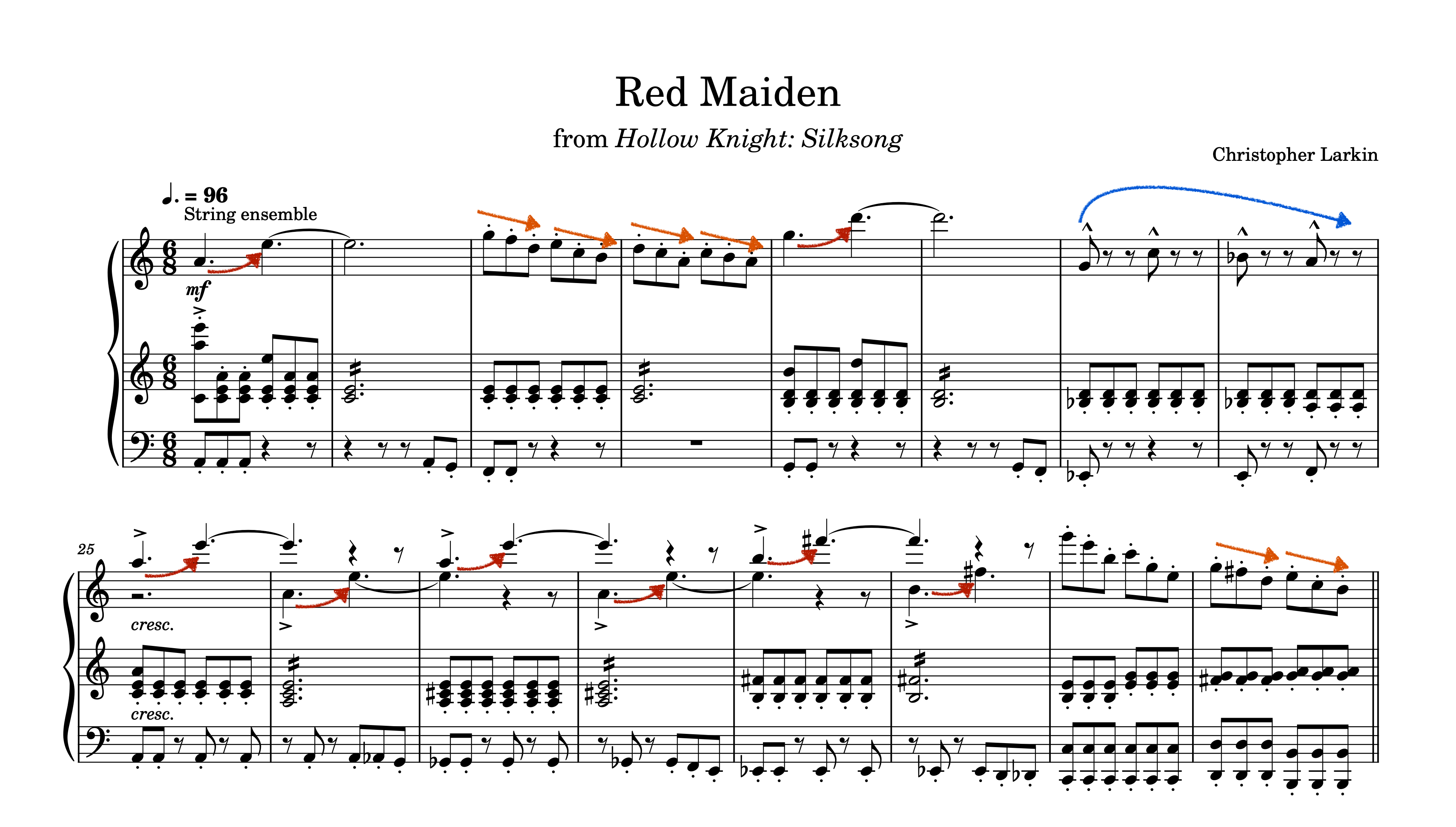 Example 7. Measures 17–32 of the “Red Maiden” battle cue. “Hornet” motives are marked with arrows.