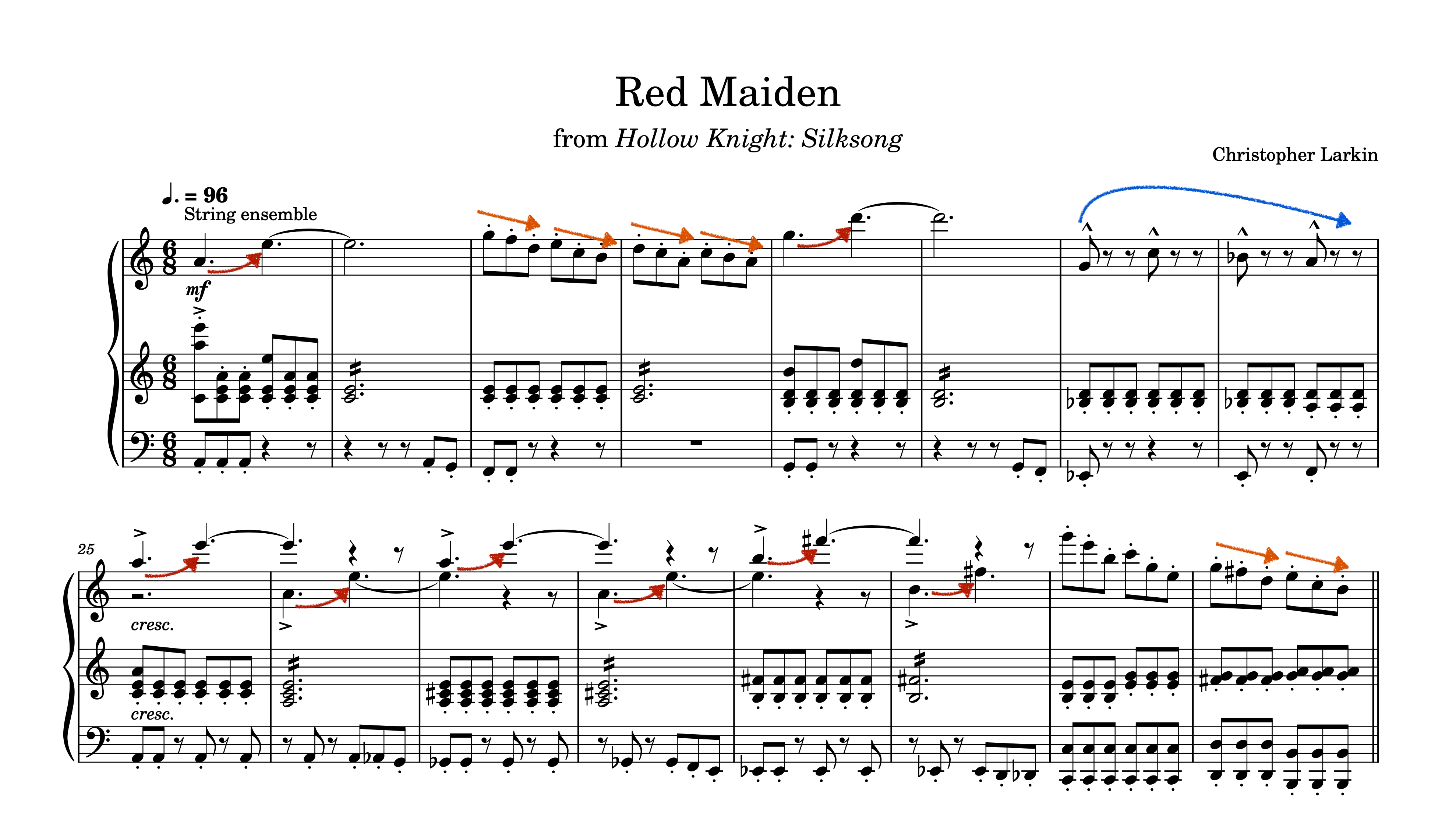 Example 7. Measures 17–32 of the “Red Maiden” battle cue. “Hornet” motives are marked with arrows.