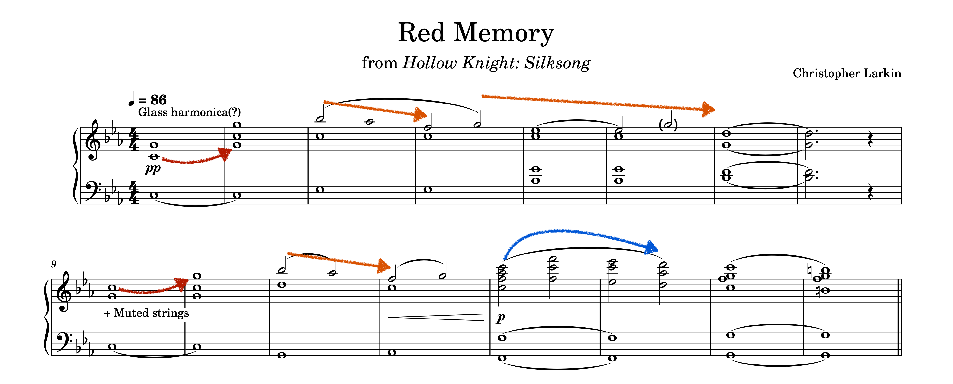 Example 8. Measures 1–16 of the “Red Memory” cue. “Hornet” motives are marked with arrows.