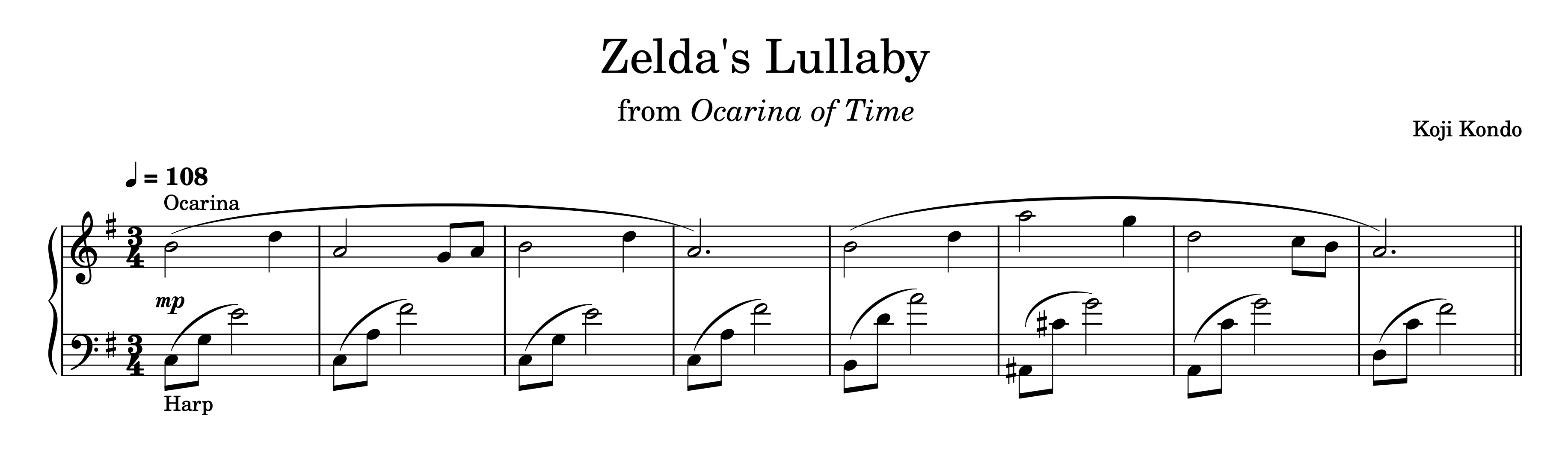 Example 1. The first eight measures of Zelda’s Lullaby as heard in Ocarina of Time. The “Zelda’s Lullaby” motive appears as the pitches B, D, and A in mm. 1–2 and 3–4. The motive is elaborated in the following four measures. All transcriptions are my own unless noted otherwise.