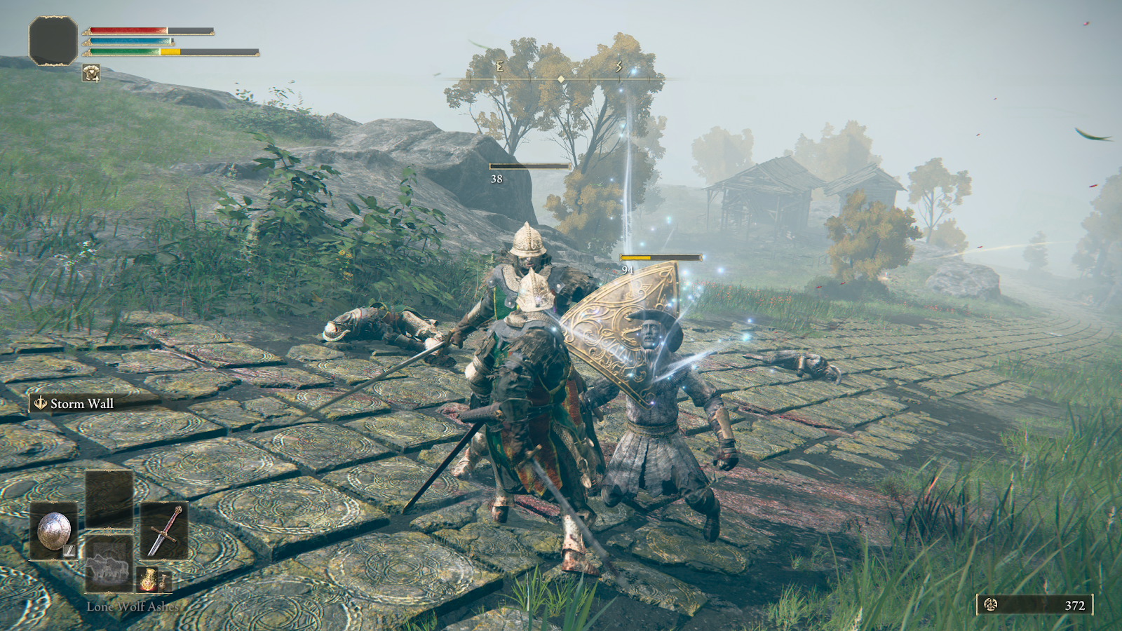 Example 1. Fighting enemies in Elden Ring. There are three meters in the top left: red for health, blue for magic, and green for stamina. Grey represents empty portions of each meter and yellow measures portions that are actively depleting. Captured by author on Xbox Series S/X