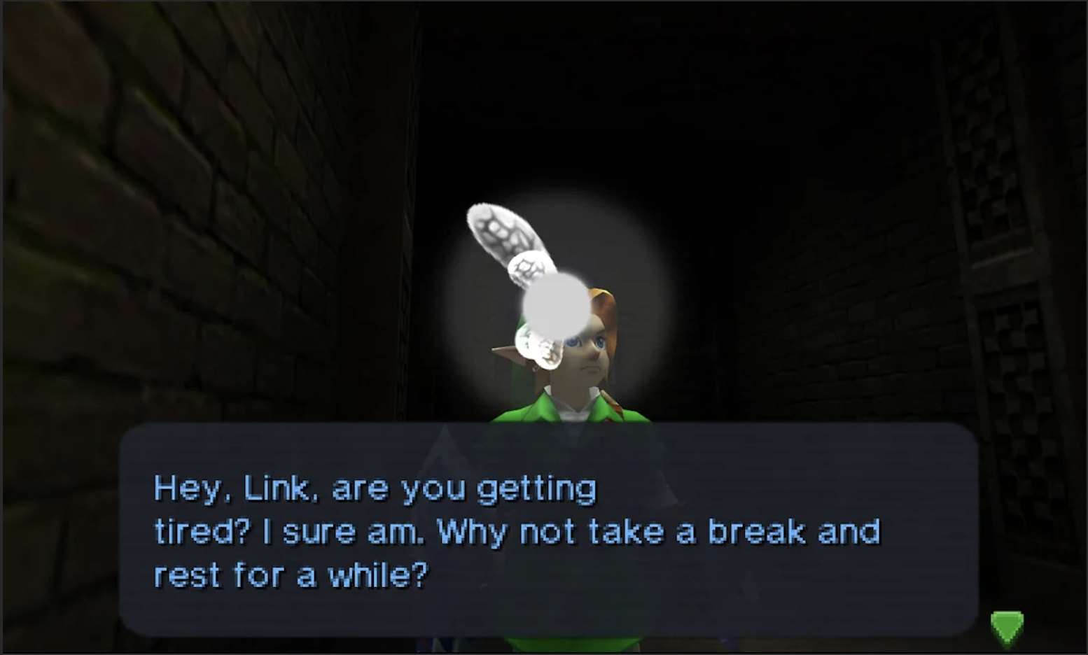 Example 2. Navi suggests the player take a break. Captured by an anonymous Reddit user on Nintendo 3DS.