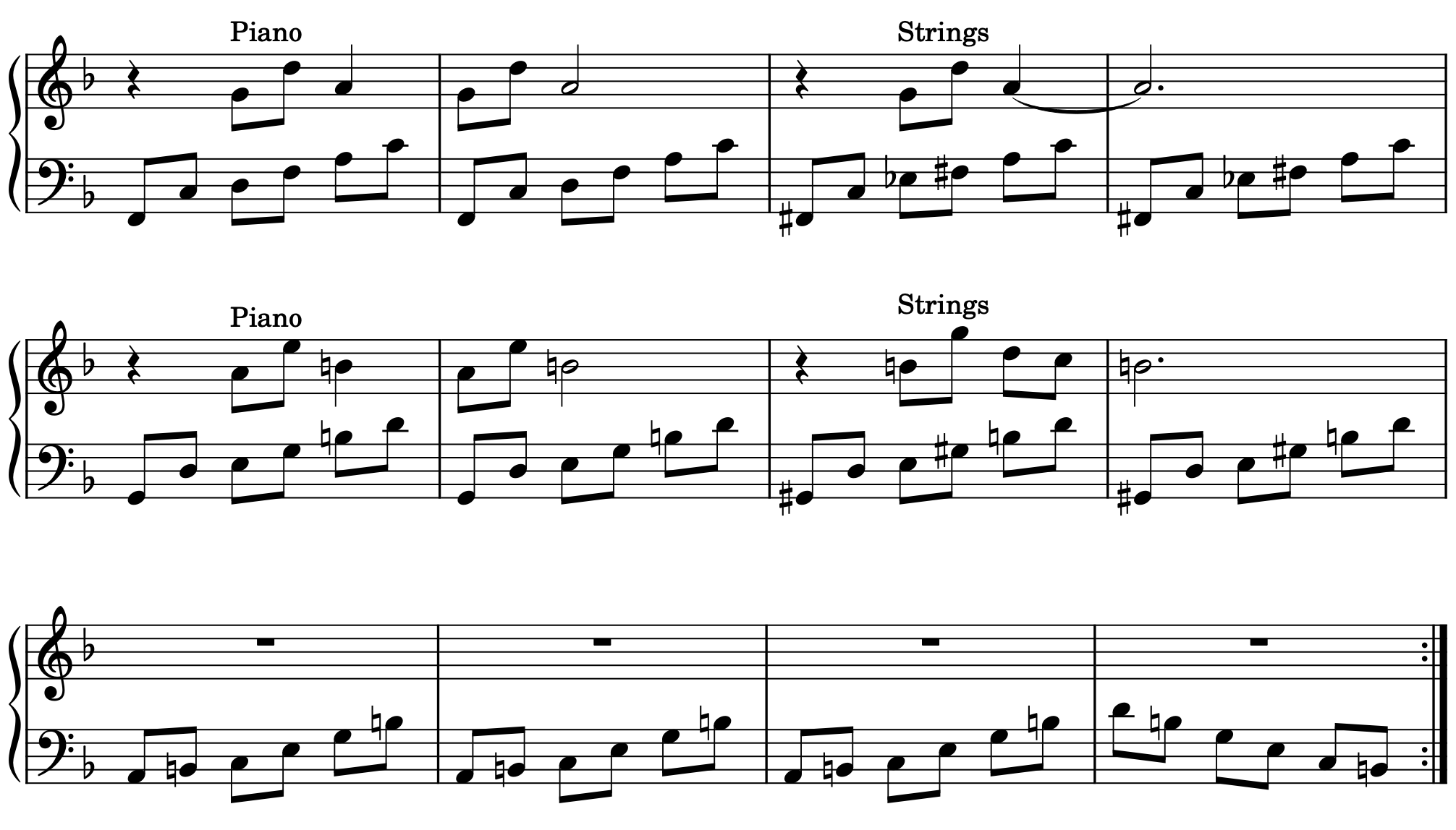 <strong>Example 1b.</strong> <em>Midna's Lament</em>, mm. 53–64. The end of the <em>Midna’s Lament</em> cue with the bass alternating between minor 7th chords in first inversion and fully diminished 7th chords. The last four measures outline an Am9 chord, functioning as the cue’s de facto dominant and leading into the repeat.