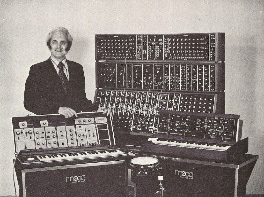 Example 1. Bob Moog with (from left to right) the Moog Sonic Six, Moog modular 55, Moog 1130 percussion controller, and Minimoog.