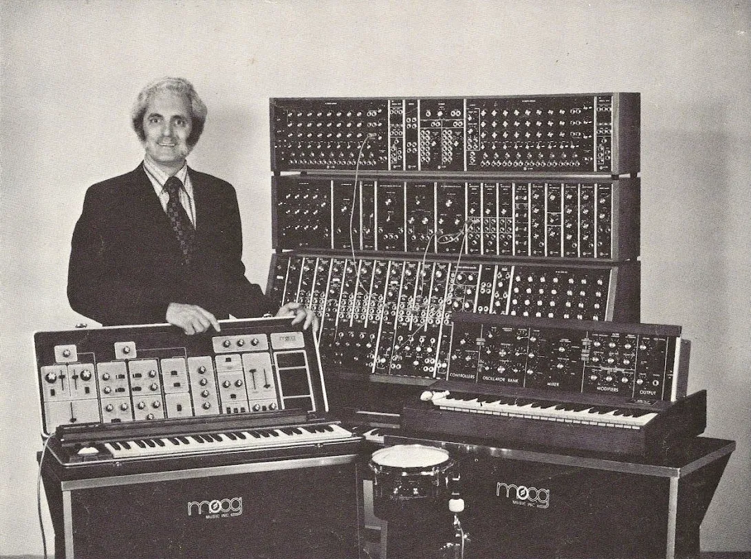 Example 1. Bob Moog with (from left to right) the Moog Sonic Six, Moog modular 55, Moog 1130 percussion controller, and Minimoog.