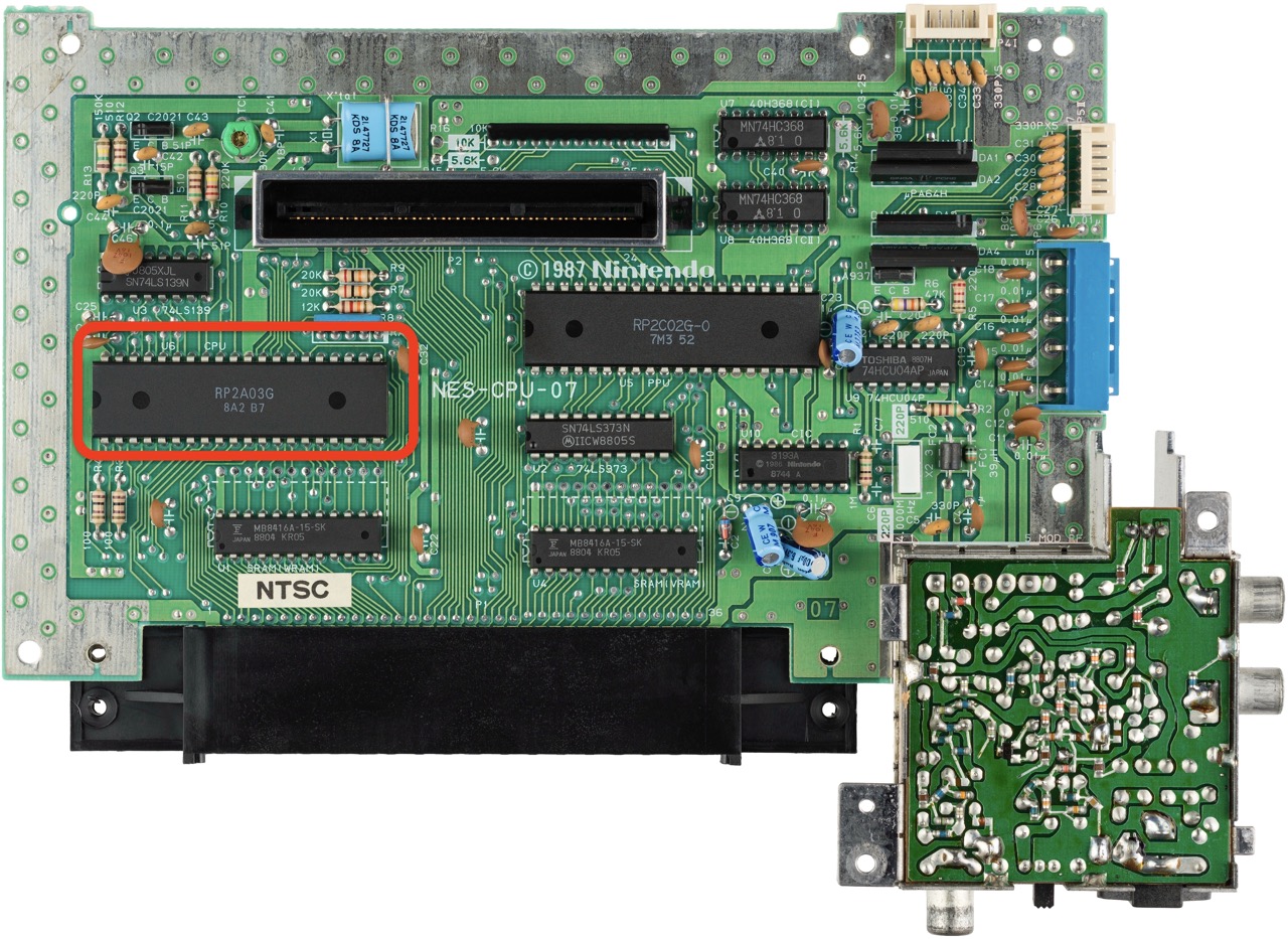 Example 3. The NES motherboard. The CPU with an in-unit PSG is boxed in red.