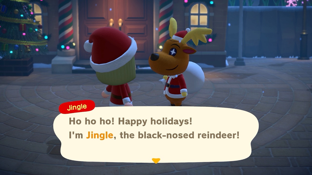 Talking with Kris Kringle-coded reindeer Jingle in front of the Resident Services hall in New Horizons.