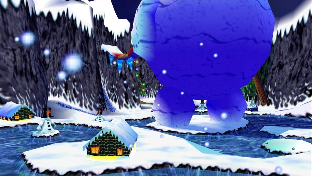 A massive snowman stands in the center of Freezeezy Peak. Smaller snowmen throw snowballs at Banjo and Kazooie.