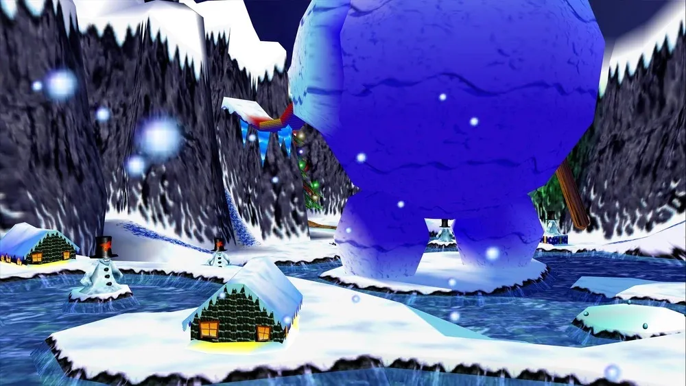 A massive snowman stands in the center of Freezeezy Peak. Smaller snowmen throw snowballs at Banjo and Kazooie.
