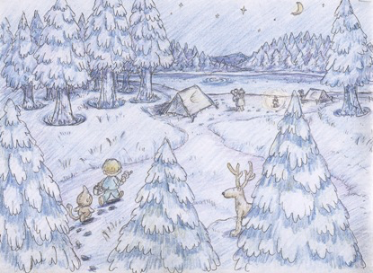 Concept art of supporting-protagonist Jeff and the Bubble Monkey walking through Winters.
