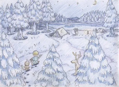 Concept art of supporting-protagonist Jeff and the Bubble Monkey walking through Winters.