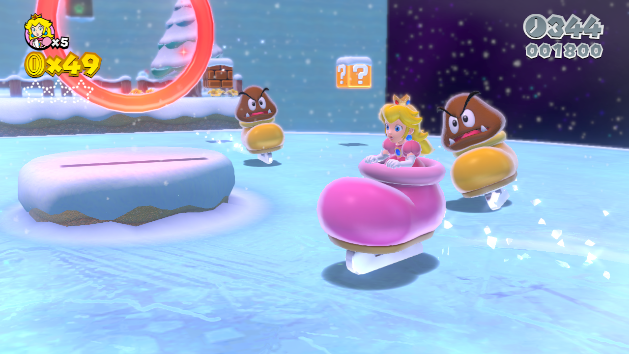 Princess Peach avoids Goombas while operating a massive ice skate in Super Mario 3D World.