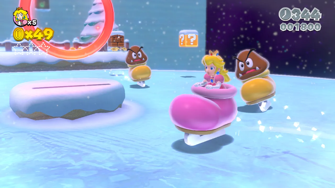 Princess Peach avoids Goombas while operating a massive ice skate in Super Mario 3D World.